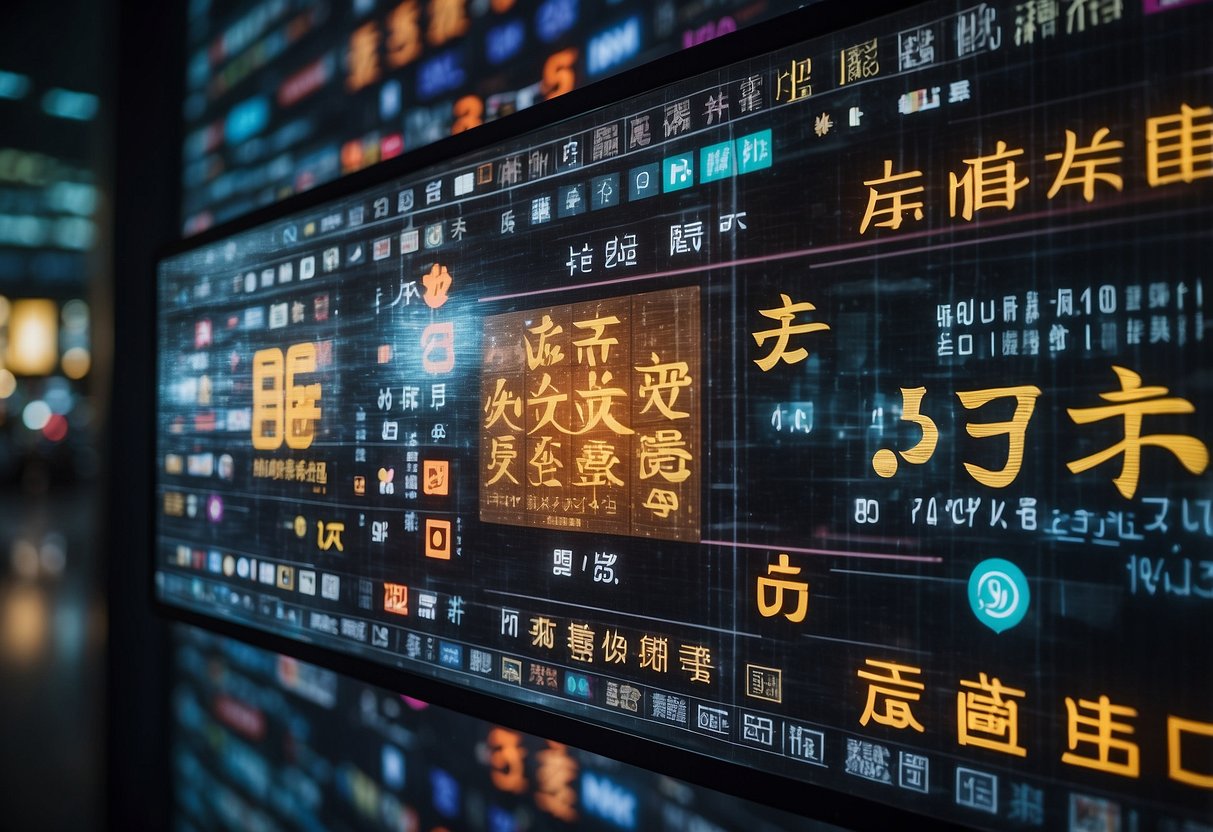 Chinese characters displayed on a digital screen, with social media icons in the background