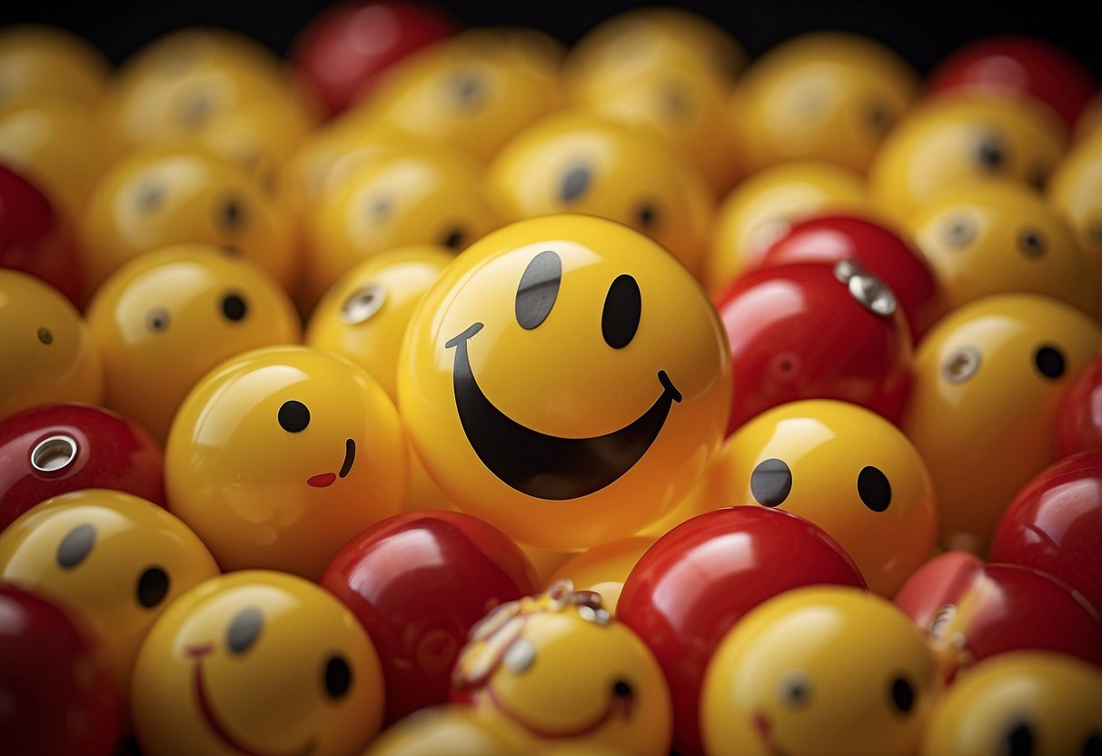 A round yellow face with upturned eyes and a wide, happy smile, surrounded by a red circle, representing a Japanese smiley face